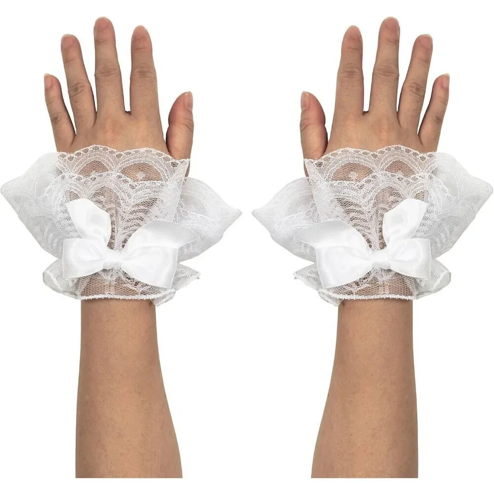 Women's Short Lace Cuffs White Bow Hand Sleeves Gloves Halloween Accessories